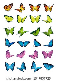 Butterflies flying set on white background vector illustration. Collection of colorful moth with pattern on wings. Sticker of summer or spring botany sign