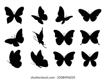 borboletas Silhueta voadora conjunto preto, Flaying borboletas vetor coleção isolado no fundo branco. Use para design gráfico, aplicativo móvel e da Web.