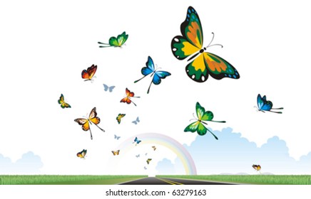 Butterflies flying through a rainbow on the horizon.