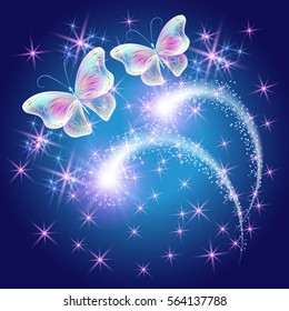 Butterflies with glowing firework and sparkle stars 