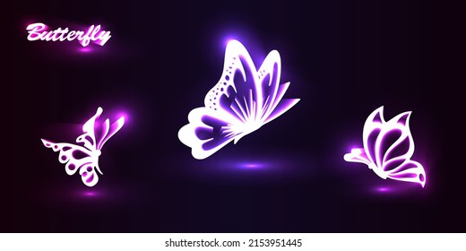 Butterflies glowing neon, Glow symbols, Vector illustration in neon style, Butterfly