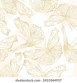 Butterflies golden foil seamless pattern. Vector background for textile, fabric, wallpaper, scrapbook. Insects with wings drawing for surface design.