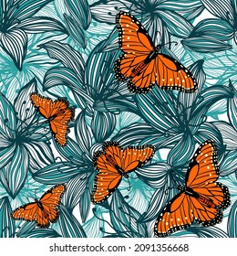 butterflies with graphic flowers. Orange butterflies and blue lilies. Seamless vector background