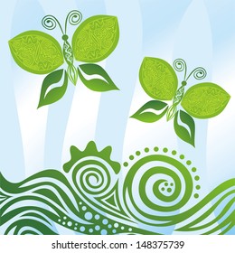 Butterflies green leaves eco nature pattern background vector illustration