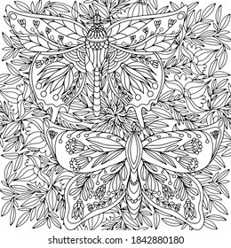 butterflies with hand drawn folk style ornaments on flowers for coloring on a white background, vector, butterfly