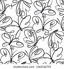 Butterflies hand drawn seamless pattern. Black outline exotic bugs on white background. Retro flying insects textile line art ornament. Minimalistic monochrome backdrop, wrapping paper design
