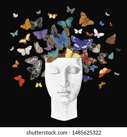 Butterflies from the head. Vector vintage classic illustration. Dark. Colorful