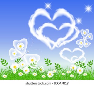 Butterflies and hearts clouds in the sky