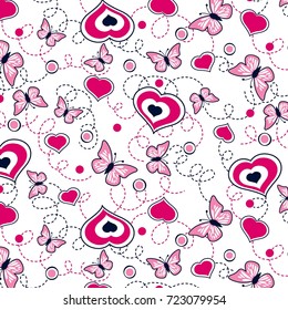 Butterflies and Hearts with dashed lines pattern for fashion print, textile pattern