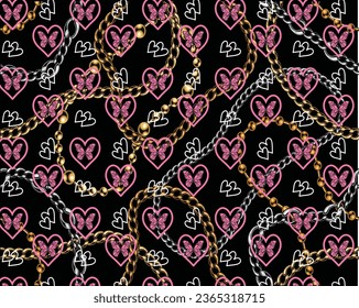 butterflies and hearts print over chain background