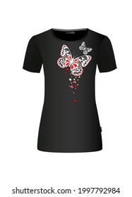 Butterflies with hearts. Red and black. T-shirt printing. Happy Valentine's Day. Vector illustration