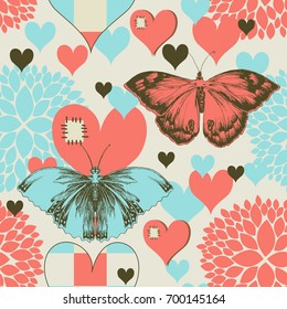 Butterflies and hearts, retro love pattern