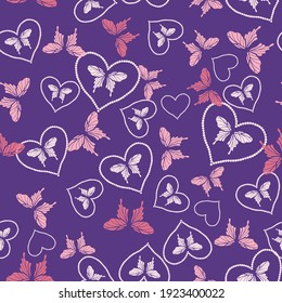 Butterflies and hearts seamless vector pattern. Sweet surface print design for love themed farbcis, wedding stationery, anniversary gift wrap, valentines day cards, backgrounds, and packaging.