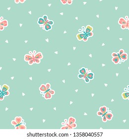 Butterflies with heart-shaped wings and tiny white hearts scattered on light blue background. Seamless vector pattern in pastel colors. Romantic wrapping paper and textile print design.