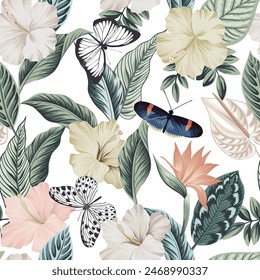 Butterflies, hibiscus and leaves tropical seamless pattern. Floral wallpaper.	