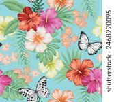 Butterflies, hibiscus and palm leaves tropical seamless pattern. Floral wallpaper with blue background.	