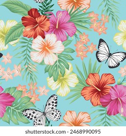 Butterflies, hibiscus and palm leaves tropical seamless pattern. Floral wallpaper with blue background.	