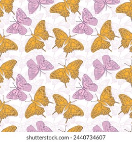 Butterflies ink line vector seamless pattern set background for textile, fabric, wallpaper, scrapbook. Insects with wings drawing for surface design.