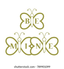 Butterflies and inscription on the wings: Be Mine. Greeting card Valentine's Day. Design for banner, poster or print.