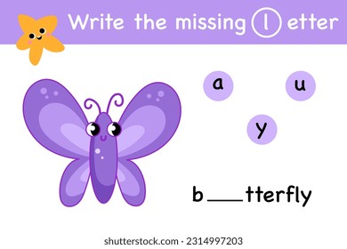 Butterflies insect letter alphabet match matching exercise game vector. Printable worksheet page write the missing lette activity playful character, fish, seashell, octopus, cute shark, starfish, crab