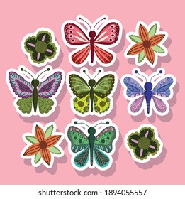 butterflies insect nature animals in sticker style on pink background vector illustration