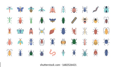 butterflies and insects icon set over white background, flat style, vector illustration