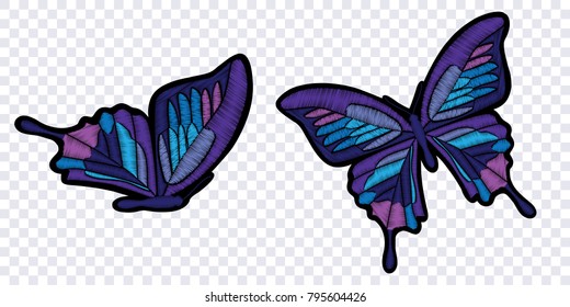 Butterflies isolated on transparent background. Vector illustration. Embroidery elements for patches, badges and stickers.