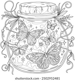 Butterflies in a jar.Coloring book antistress for children and adults. Illustration isolated on white background.Zen-tangle style. Black and white drawing