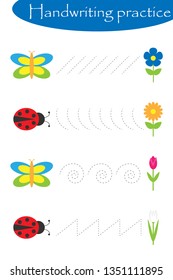 Butterflies and ladybugs, spring handwriting practice sheet, kids preschool activity, educational children game, printable worksheet, writing training, vector illustration