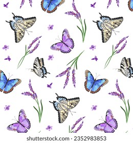 Butterflies and lavender in a pattern.Vector seamless pattern with butterflies and lavender on a transparent background.
