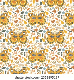 Butterflies and leaves boho background