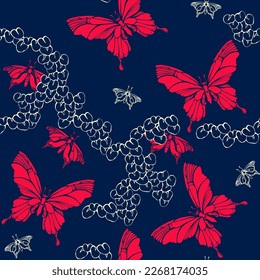 Butterflies and leaves. Seamless pattern. Silhouettes of insects and plants. Floral botanical pattern. Red butterfly, light line leaves on a dark blue. Hand-drawn vector illustration.