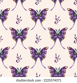Mariposas y hojas. Patrón sin foco. Ilustración del vector