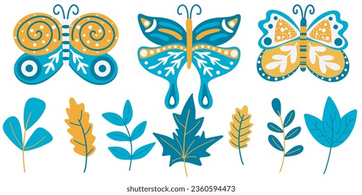 Butterflies and leaves simple hand drawn set. Moths and foliage clip art. Set of elements for design, isolated vector illustration