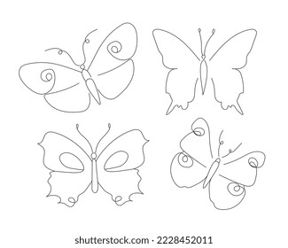 Butterflies line set. Collection of insects in minimalist style. Nature, biology, biology and fauna. Minimalist creativity and art. Cartoon flat vector illustrations isolated on white background