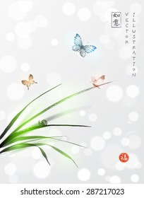 Butterflies and little snail on leaves on grass hand drawn in traditional Japanese painting style sumie. Composition on glowing background. Contains hieroglyphs "harmony", "health", "well-being"