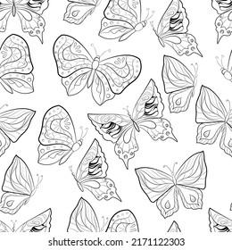 Butterflies monochrome seamless pattern. Contour flying insects. Vector illustration.