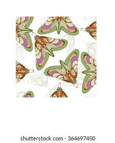 Butterflies and moth. Seamless pattern, hand drawn vector illustration. Wrapping paper design.
