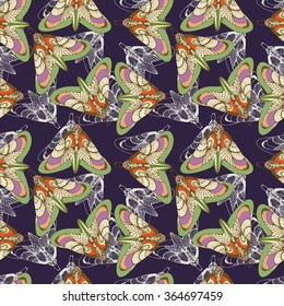 Butterflies and moth. Seamless pattern, hand drawn vector illustration. Wrapping paper design.