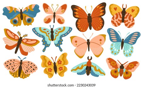 Butterflies and moths collection with abstract decorative modern design, vector isolated on white