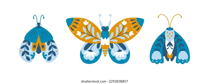 Butterflies, moths decorated with flowers collection of insects. Hand drawn doodle illustration in simple scandinavian style. Pastel palette. Vector isolate on white background