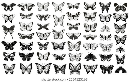 Butterflies and moths with detailed patterns. Silhouette of flying butterfly. Symmetrical insect motifs for decoration, packaging or textile design. Black and white vector illustration.