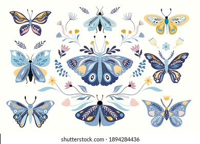 Butterflies, moths and flowers collection with abstract decorative modern design, isolated on white