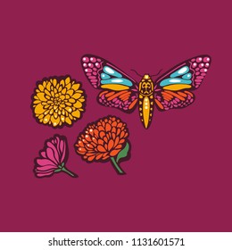 Butterflies moths and flowers marigolds. Mexican Day of the Dead. Vector illustration.