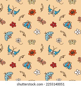 Butterflies, moths and flowers on a beige background. Seamless vector pattern for textiles, wrapping, scrapbooking.