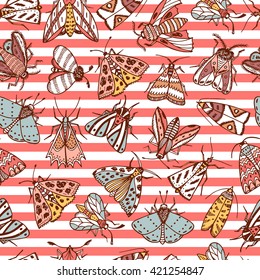 Butterflies. Moths. Hand drawn doodle moth vector seamless pattern. Night butterflies.