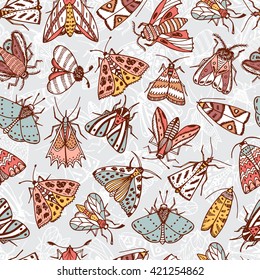 Butterflies. Moths. Hand Drawn Doodle Moth Vector Seamless Pattern. Night Butterflies.