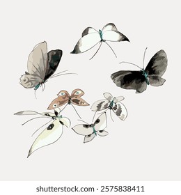 Hokusai’s Butterflies and Moths, illustration isolated on white, vector. Vintage famous artwork by Hokusai, old Japanese art illustration vector.