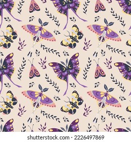 Butterflies, moths and leaves. Seamless pattern. Vector illustration