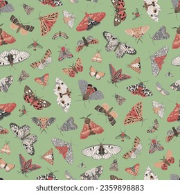 Butterflies and Moths. Seamless pattern. Vector vintage illustration. Green 